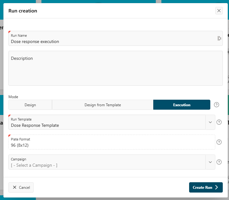 Create Run modal
