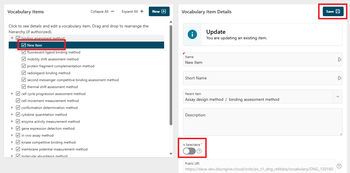 Vocabulary item selectable checkbox