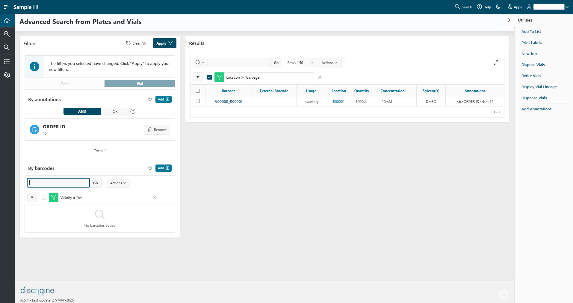 Screenshot of Plates and Vials Advanced Search Plates and Vials Advanced Search