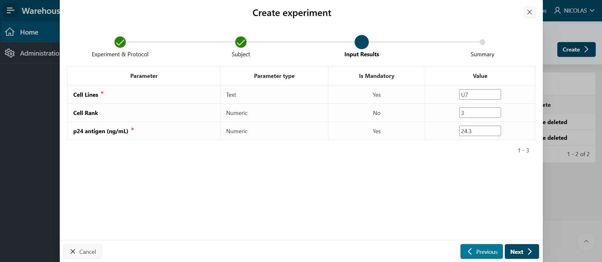 Create experiment - input results
