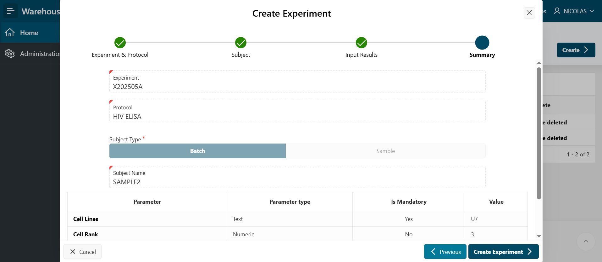 Create experiment - summary