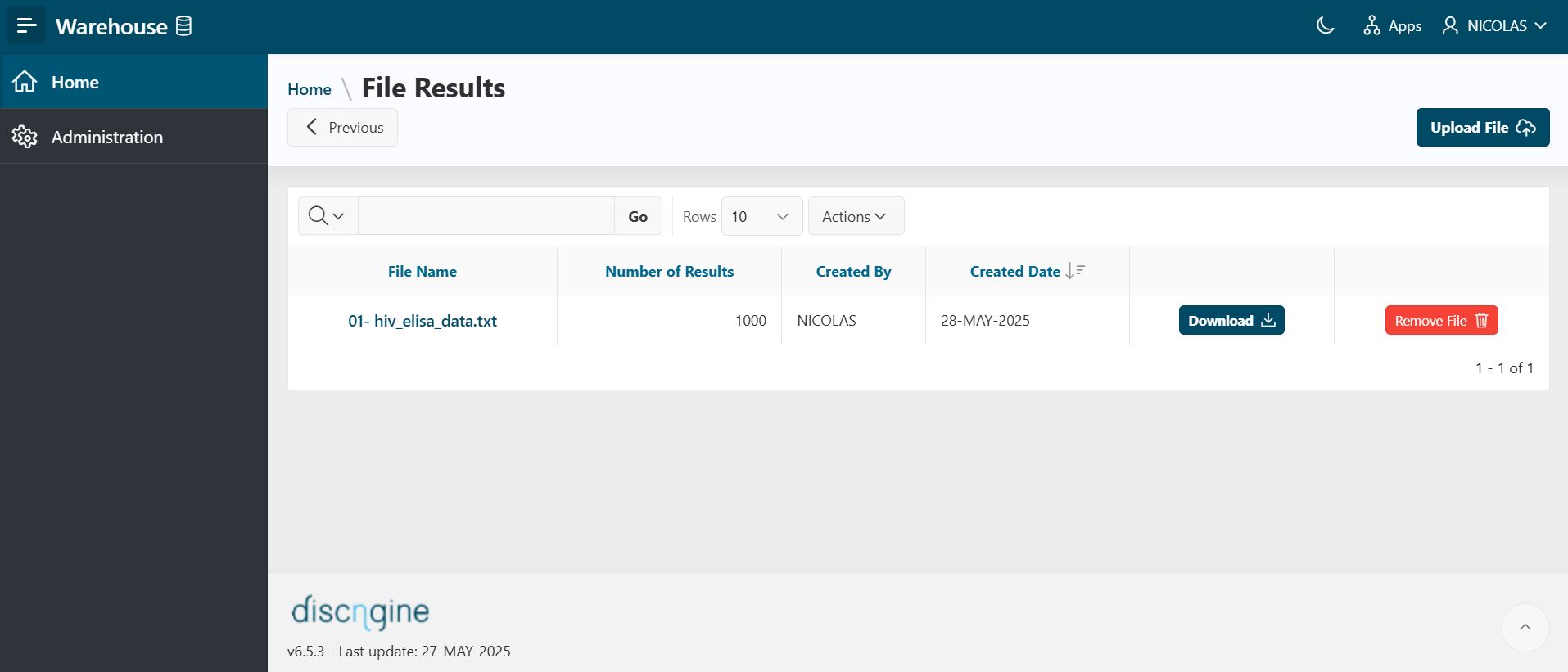 File Results Import home page