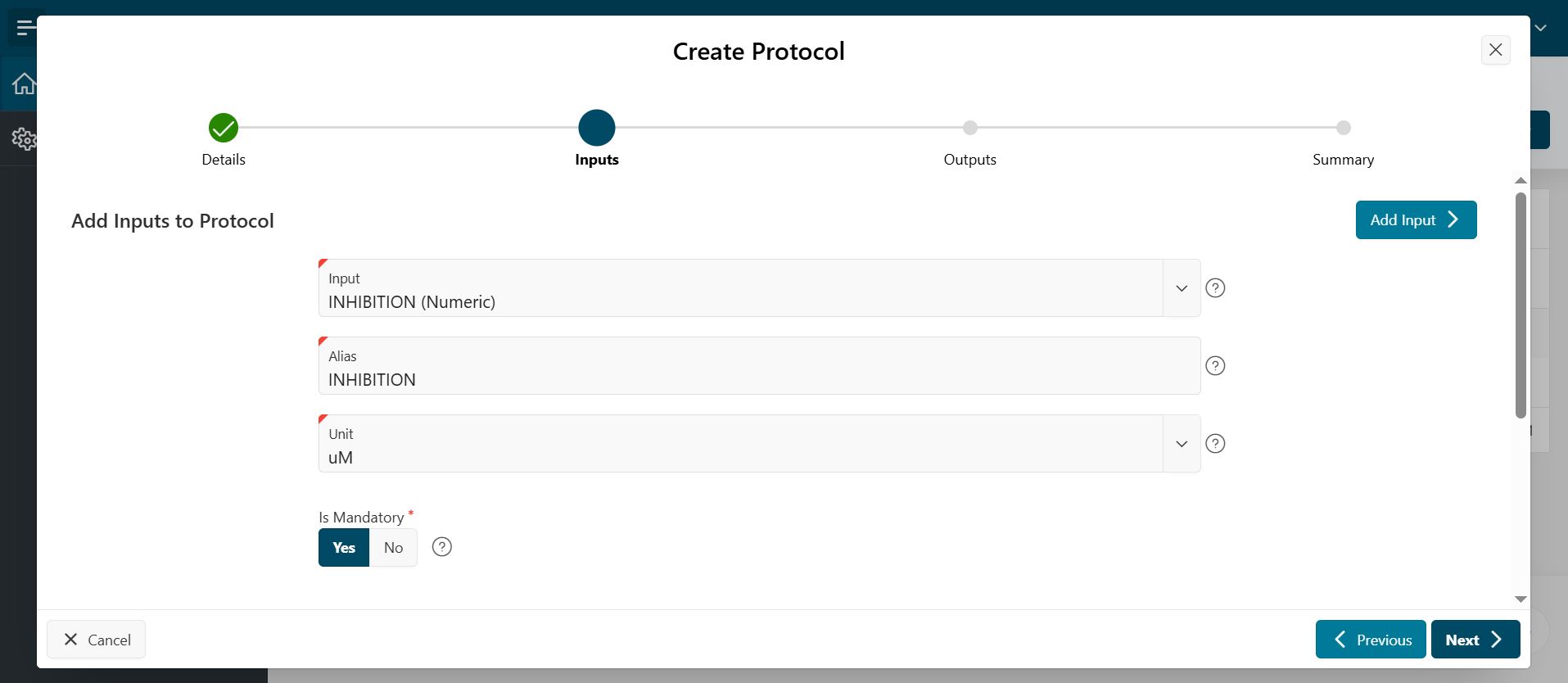 Create protocol - inputs