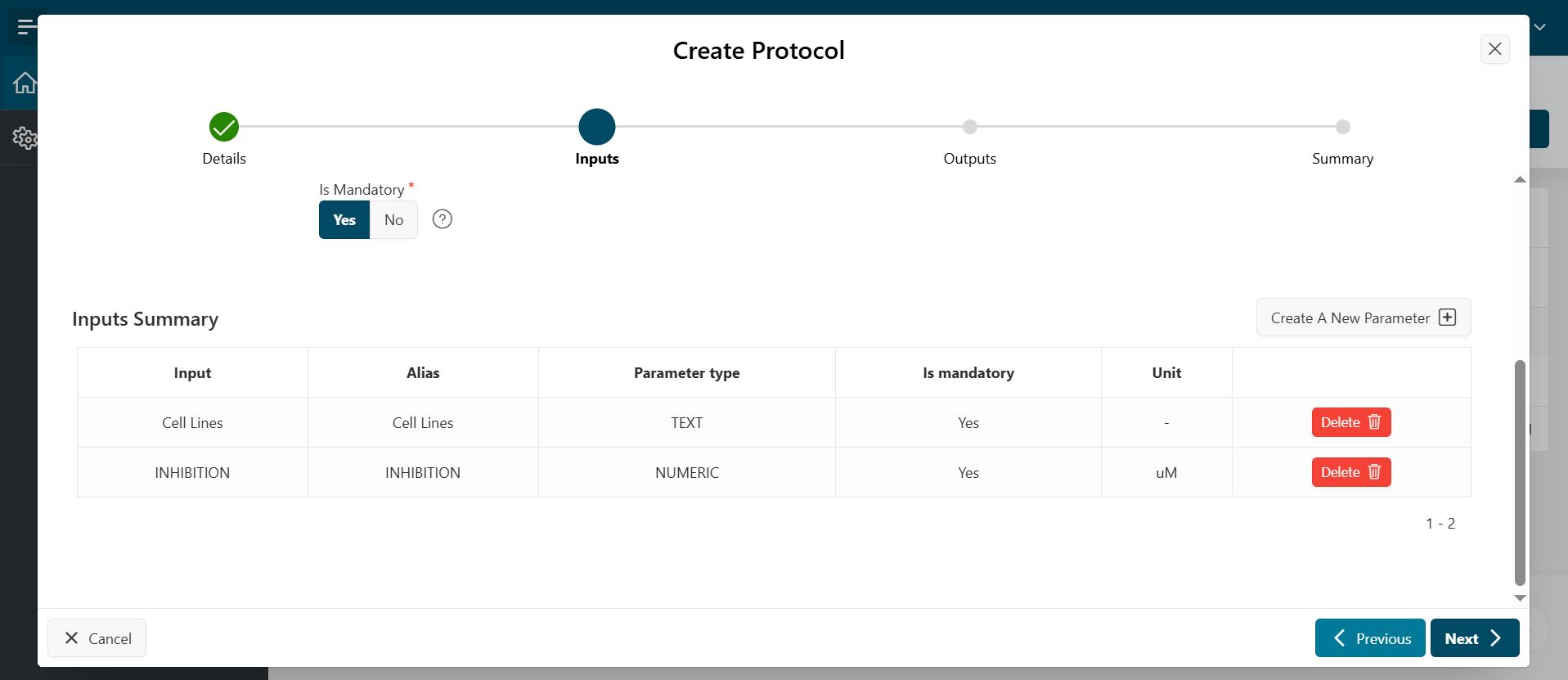 Create protocol - inputs summary